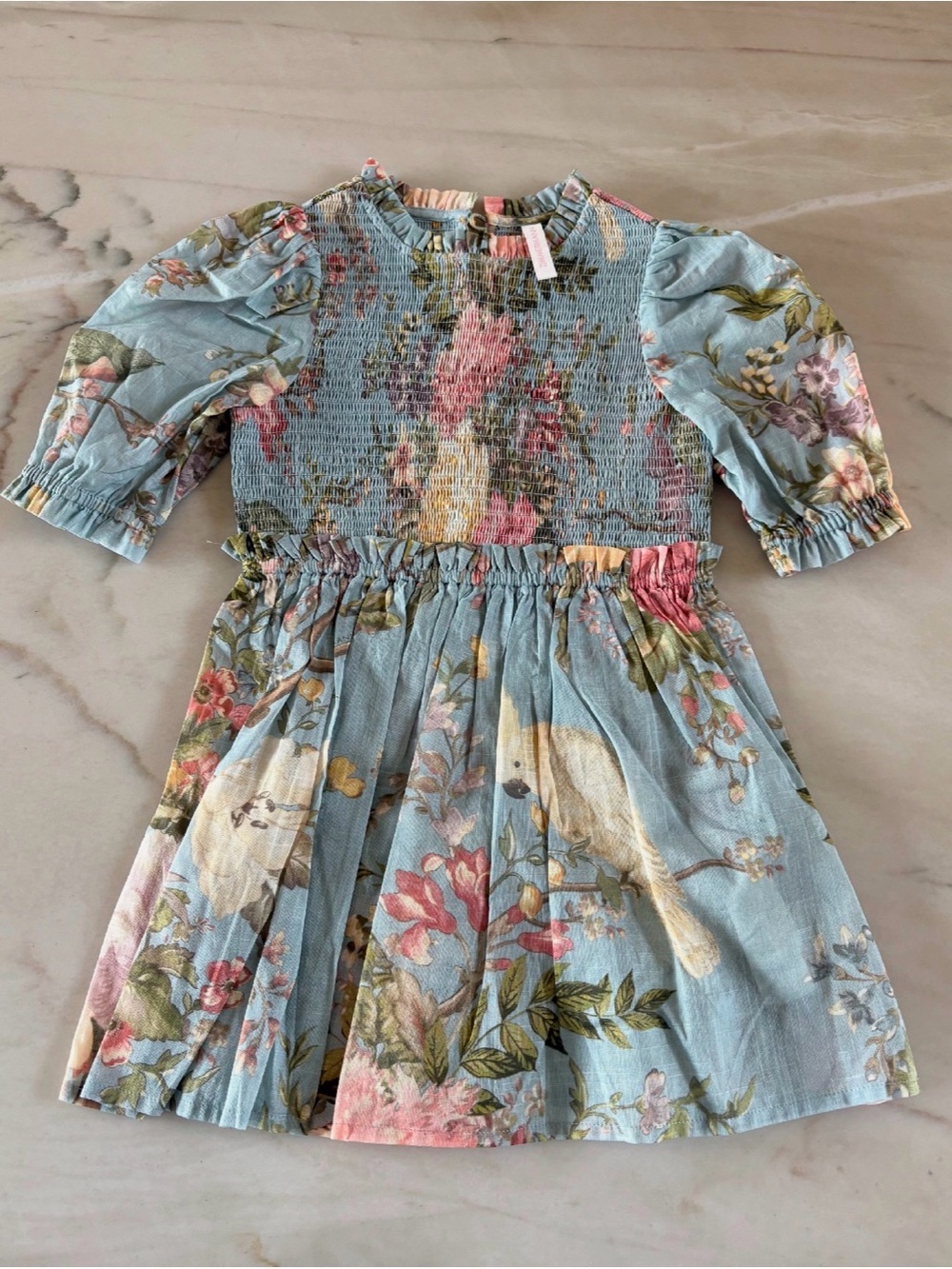 Zimmermann Light Blue Floral Smocked Dress with Pink & Cream Blooms